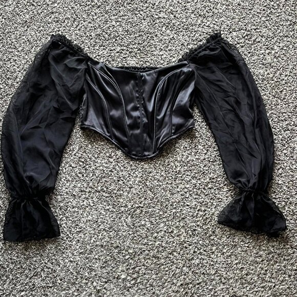 Undefined Tops - Black Corset Top Large Off the Shoulder Lace Trim Puffy Balloon Sleeve Whimsigot